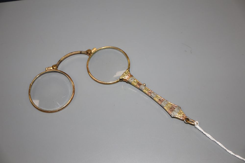 A 14ct three coloured gold plated lorgnette, 11.3cm.
